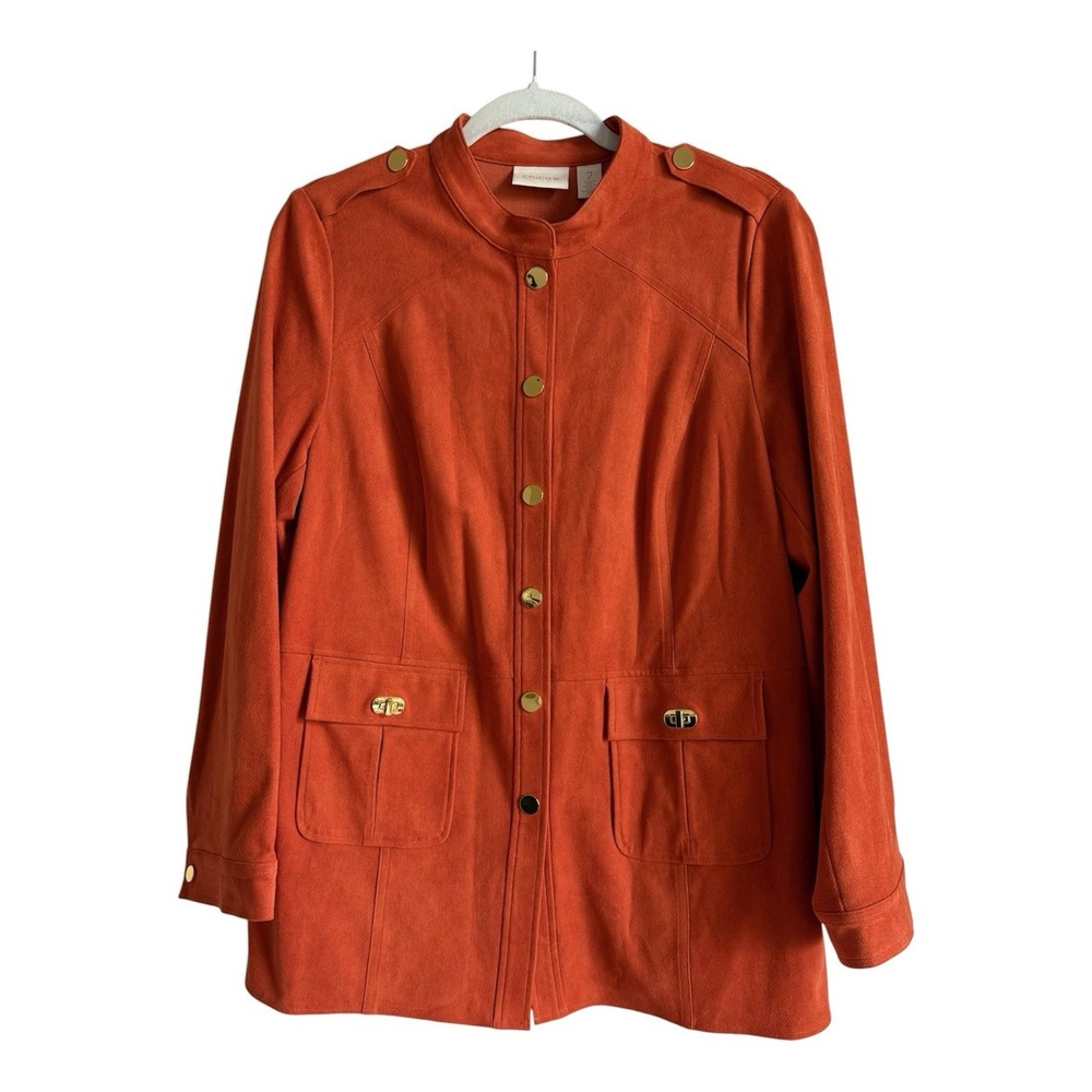 Chico's Orange Suede Utility Jacket Coat Gold Button Women's Size 2 (12-14) NEW